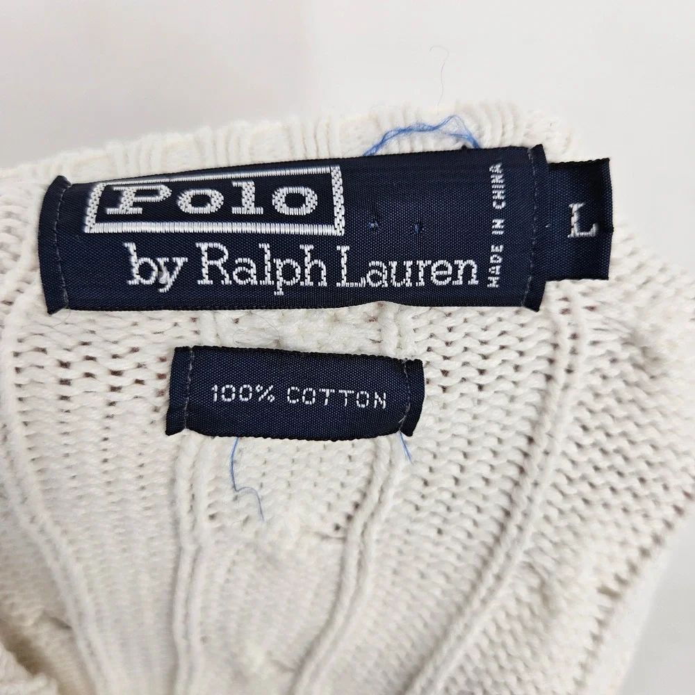 Vintage Polo Ralph Lauren Sweater Mens Large Cable Knit Crew Neck Shield White